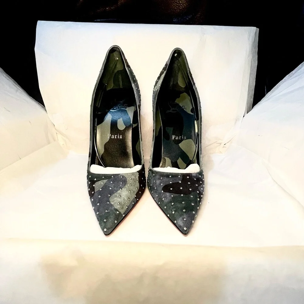 Christian Louboutin Kate 100 Studded blue green camouflage suede stiletto 38